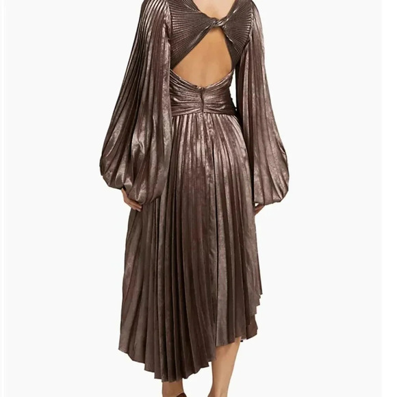 Acler Palms Pleated Satin Midi-Dress Coffee Metallic - Picture 6 of 6